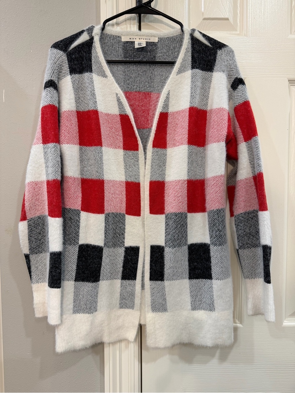 Max Studio Red, Black & White Plaid Open Cardigan Sz M